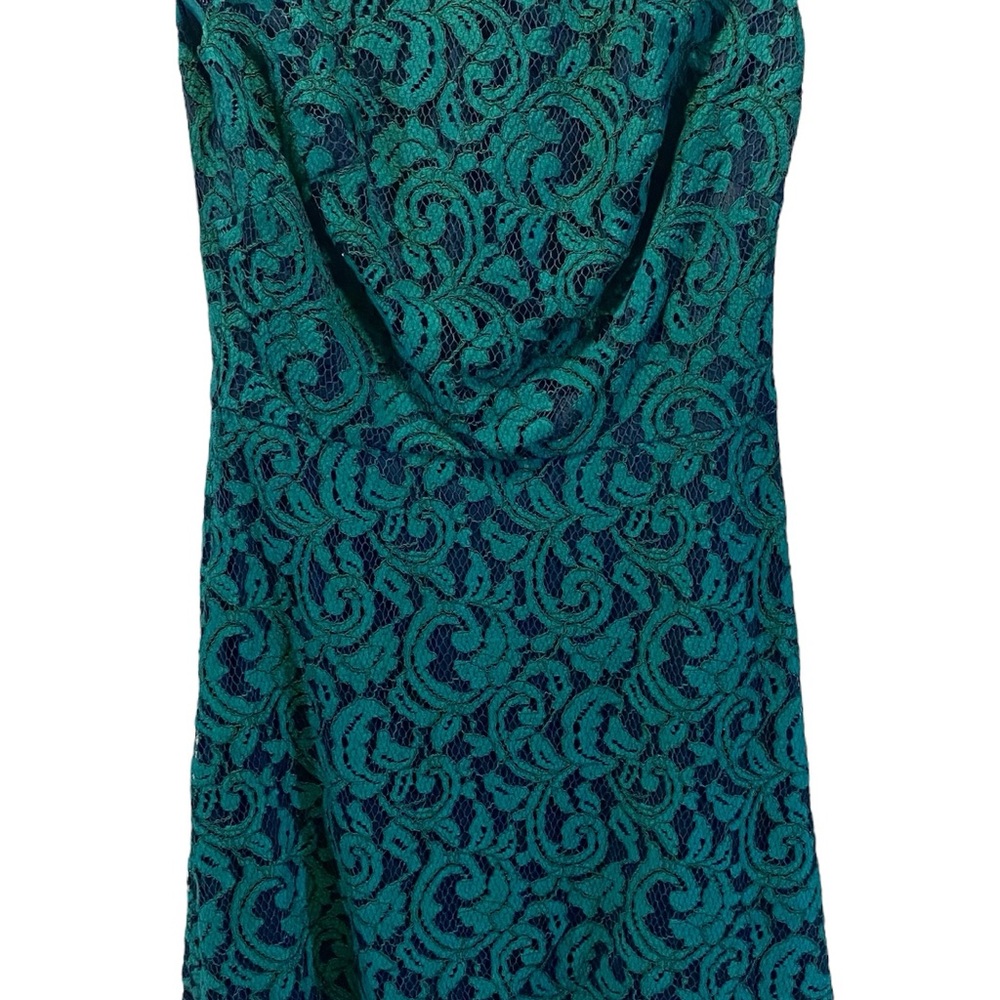 Tadashi Soji Lace Cocktail Dress Size 6 Emerald Green Black Fit Flare Ruffle Cap